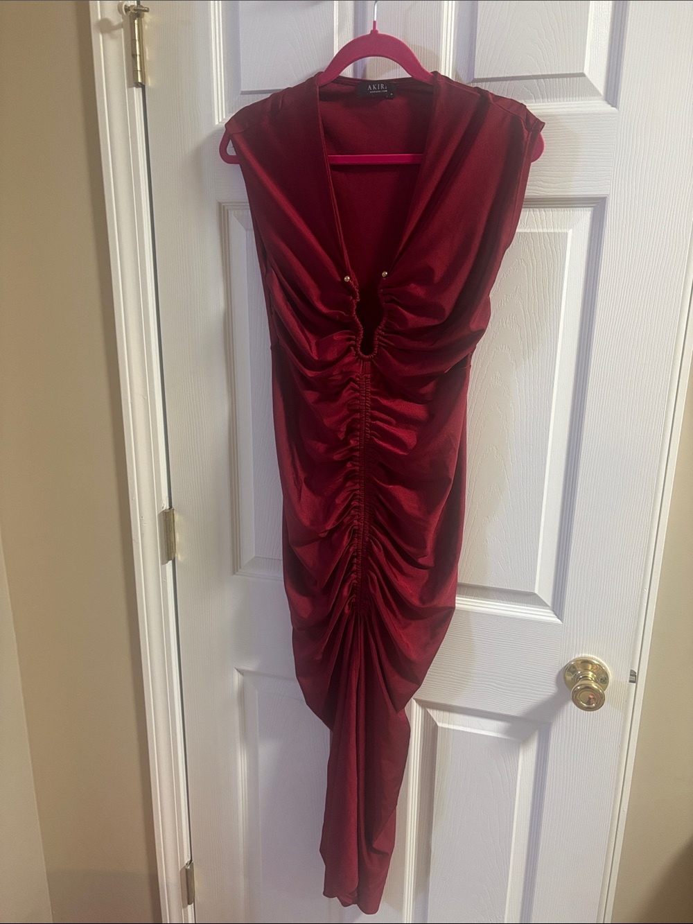AKIRA Ruched V-Neck Dress in Burgundy